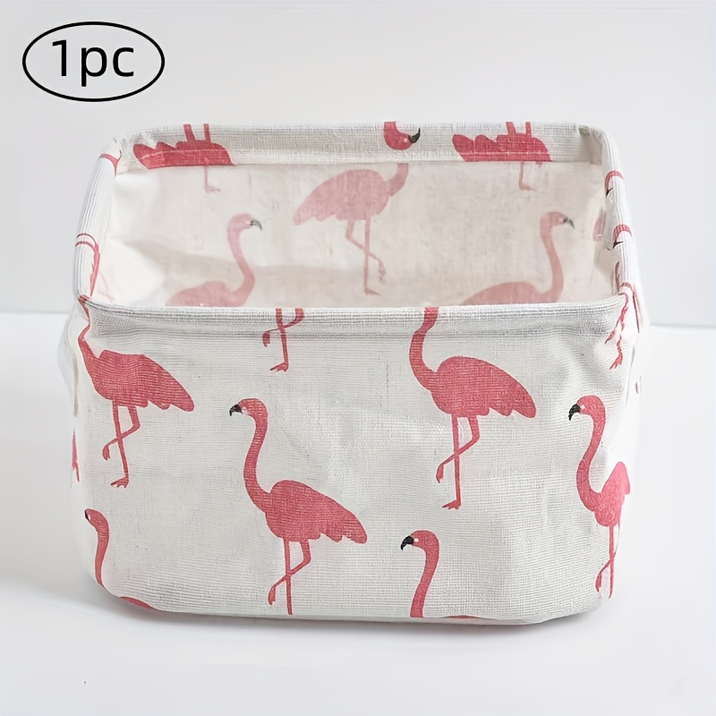 Image of 1pc, Flamingo Print Storage Basket With Handle, Fashionable And Cute Storage Basket, Desktop Waterproof Miscellaneous Storage Basket, Desktop Decoration, Shelf Baskets