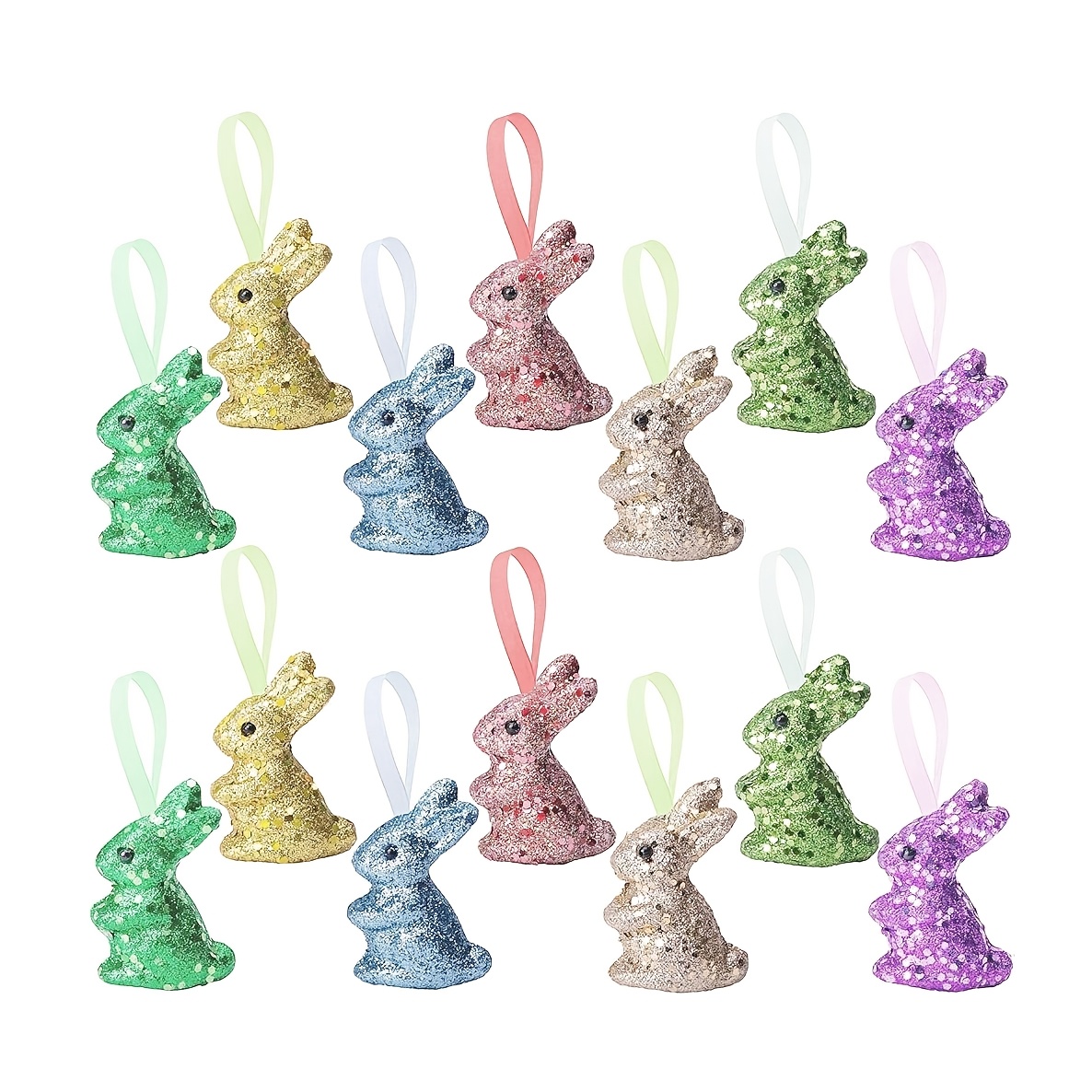 

14pcs Easter Glitter Rabbit Ornaments - Round Foam Bunny Hanging Decorations For Easter Party, Diy Crafts, Holiday Gifts - No Electricity Needed