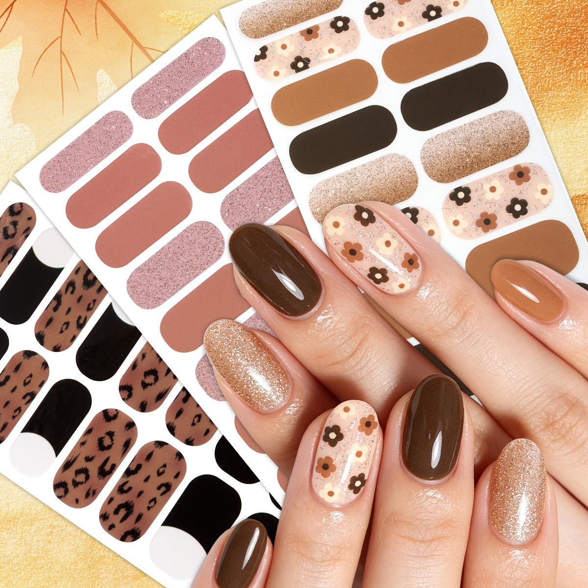 TEMU 3pcs Autumn Floral Glitter Nail Art Stickers, Brown French Leopard Print Vintage Self-adhesive Full Nail Wraps For Women Nail Art