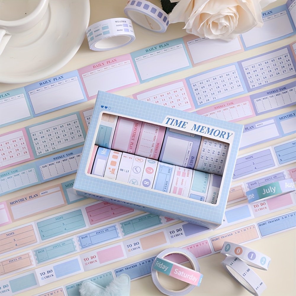 TEMU Set Of 15 Rolls Of Elegant Macaron Washi Tape Featuring A Theme With Patterns For Dates, Weeks, And Months, Measuring 2 Meters (2.) In Length And In 4 Widths, Perfect For Planning And Art Crafts