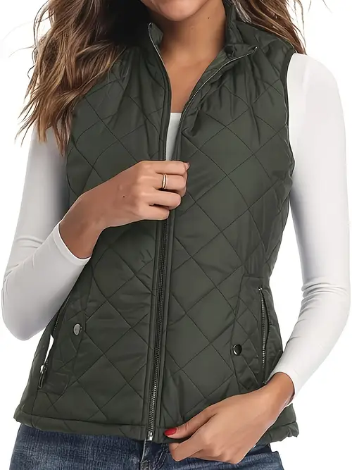 womens lightweight quilted puffer vest with stand collar machine washable sleeveless zip front casual gilet for fall winter solid color regular fit outerwear ladies winter vest fabric