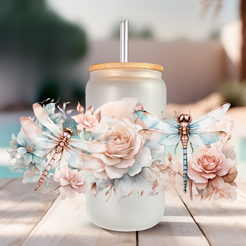 Image of 1pc Dragonfly And Flowers Uv Dtf Transfer Paper, Suitable For 16oz Mugs, Glassware, Coffee Cups, And Smooth Surfaces, 3d .3 X 9.4 Inches