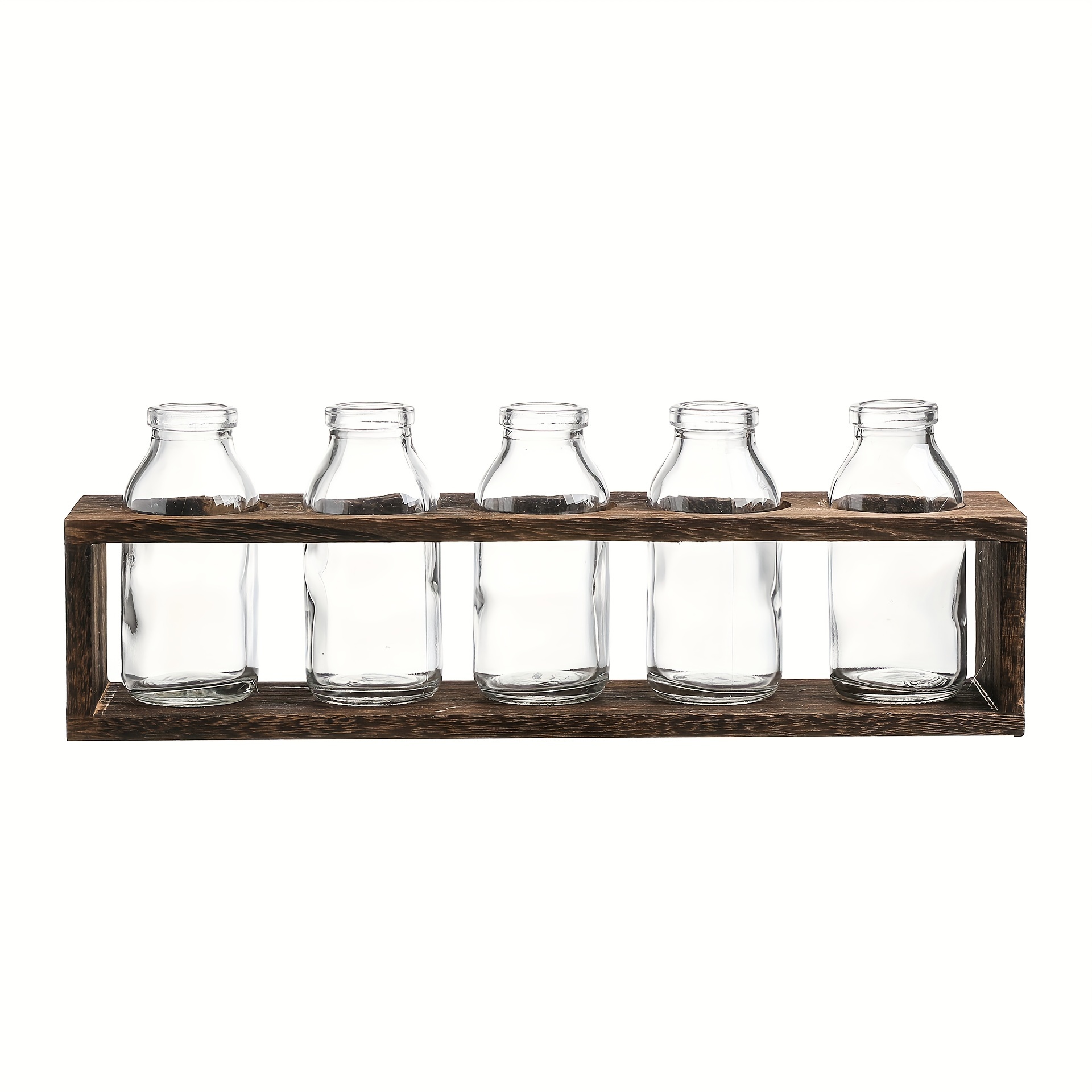 

1pc, Rustic Glass Bud Bottles Vase Set With Wooden Crate Stand (13.1''x2.8''x4.5''/33.27cmx7.11cmx11.43cm), Country Style Home Decor, Vintage Tabletop Display, Farmhouse Accent Decor
