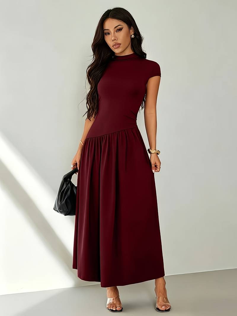 Women's Solid Color Stand Collar Puff Sleeve Pleated Long Casual Dress, Summer Dress
