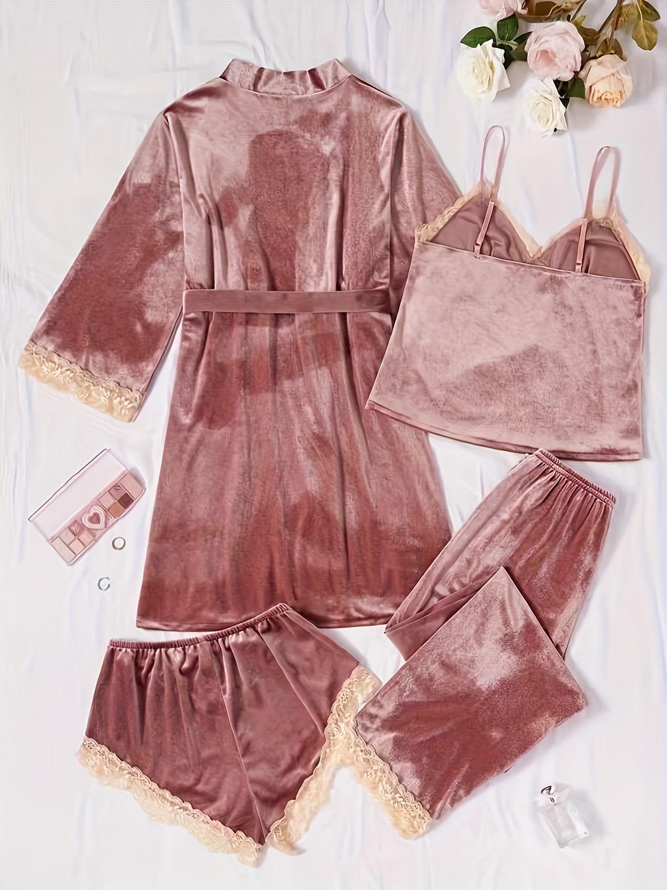 жіночий піжамний комплект з ватинчастого вельвету з мереживом: топ-камісоль, шорти, штани, халат, набір з  /чотирьох предметів, повсякденний вельветовий піжамний комплект Опис товару 0