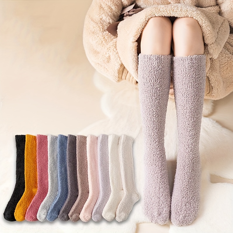 

11 Pairs Women's Coral Fleece Knee High Socks, Cozy Japanese-style Plush Thickened Socks, Winter Warm Calf Socks