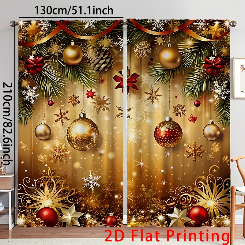 TEMU 2d Flat, 2pcs Merry Christmas Curtains, 2d Flat Print, Golden Holiday , Polyester Fabric, Fun Festive Window Panels, -filtering Drapes For Décor