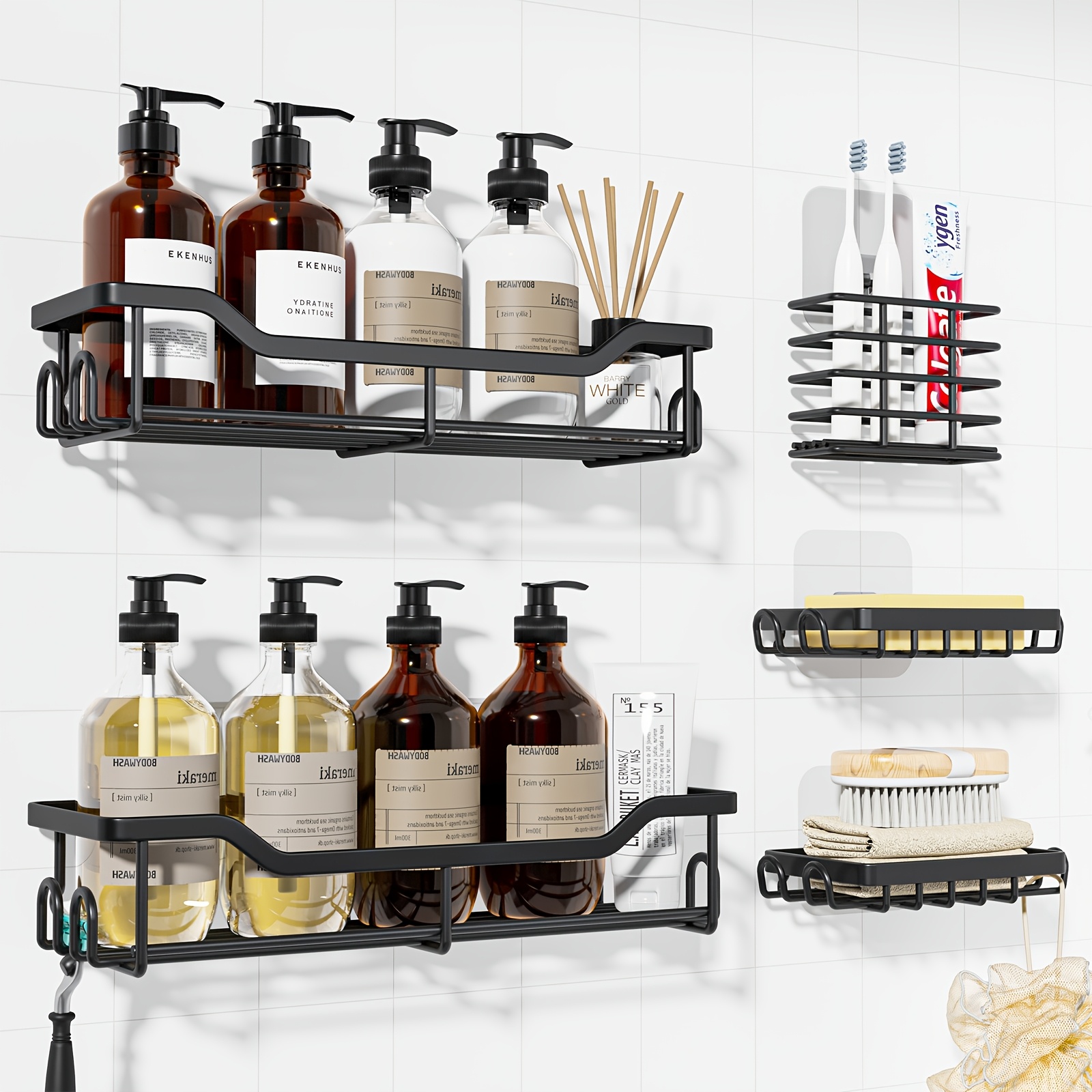 Adhesive Shower Caddy 5-pack, Rustproof Bathroom Organizers With Large Capacity, No-drill Wall Mounted Shelves For Bathroom Storage And Home Decor