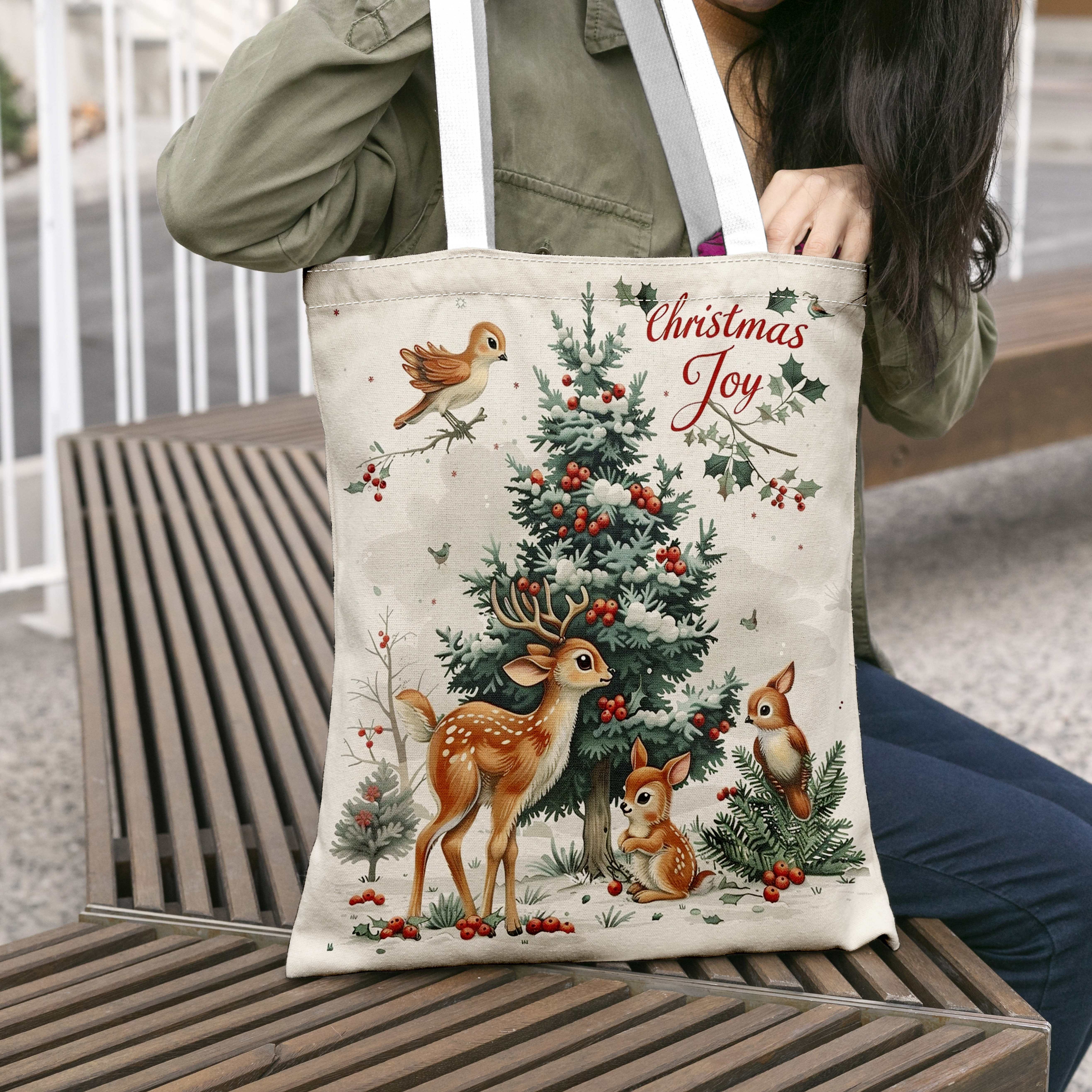 Christmas Tree & Deer Pattern Canvas Tote Bag, Large Capacity Shopping Bag, Portable Casual Handbag, Use & Christmas