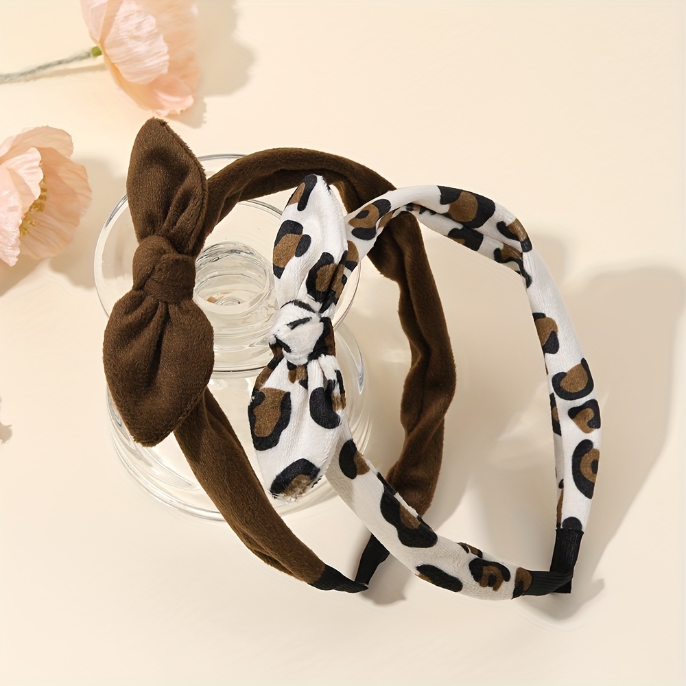 Image of 2pcs Elegant Velvet Headbands For - Brown Leopard Bunny Ear Hairbands Additions For Daily Wear