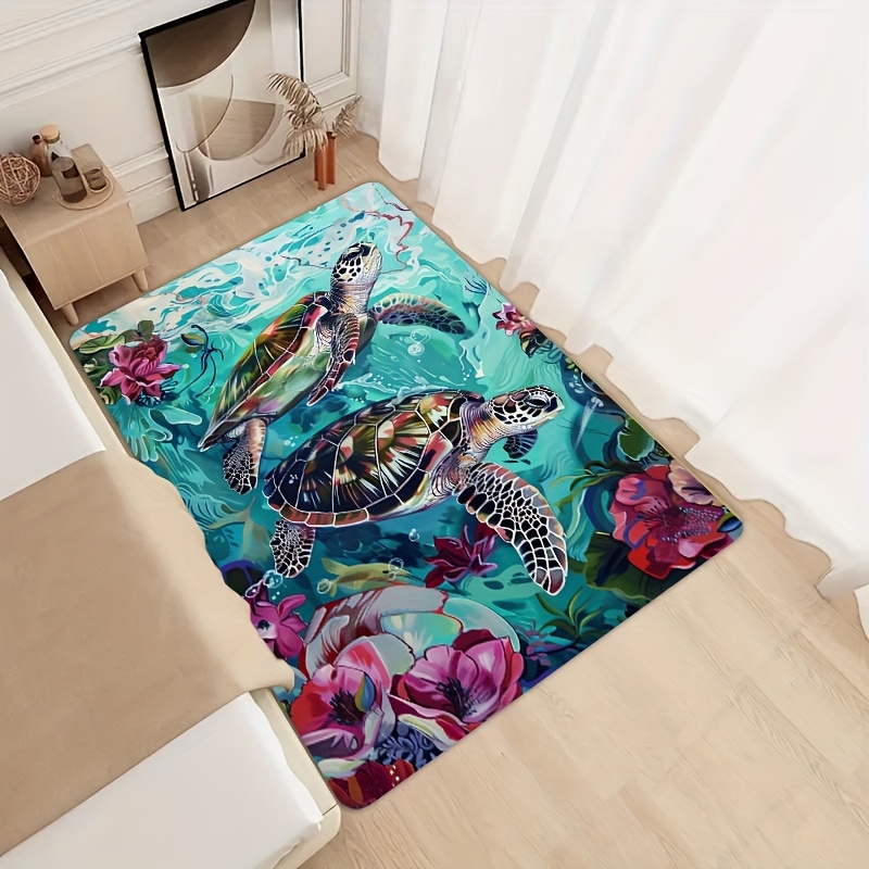 

Tropical Sea Turtle Polyester Area Rug – Machine Washable, Non-slip Rectangle Floor Mat For Entryway, Bedroom, Living Room – Decorative Ocean Theme, 8mm Thickness (1 Piece)