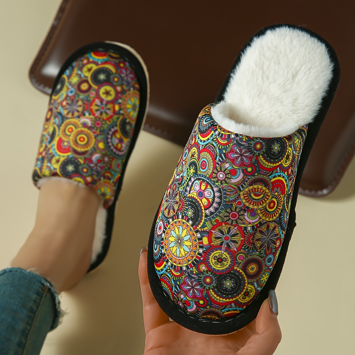 Image of Winter Indoor Outdoor Solid Color Thick Sole Anti-slip Lightweight Warm Women's Slippers, Fashion Casual Slippers, Bohemian Fuzzy Slippers, Ethnic Style Slippers, Slippers, Women Shoes