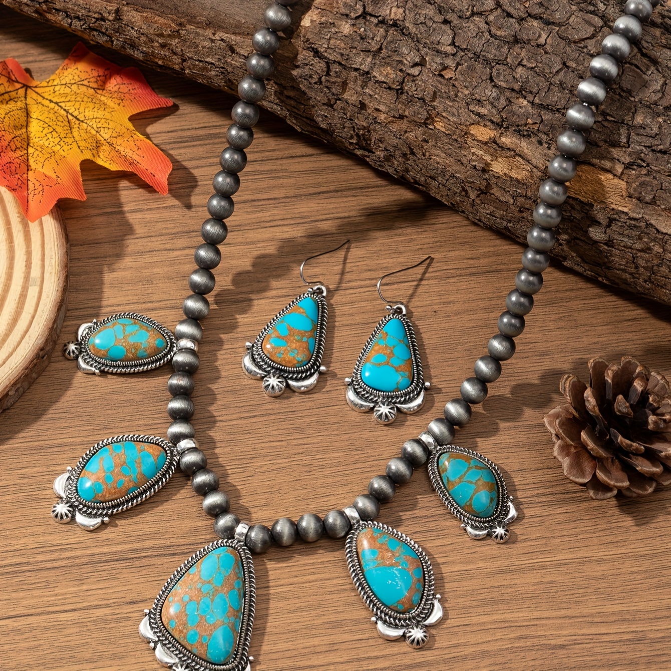 TEMU A Set Of Retro Fashion Bohemian Women's Alloy Beaded Necklace And Earrings, Suitable For Outfit Matching, Daily Wear, Holidays, And More
