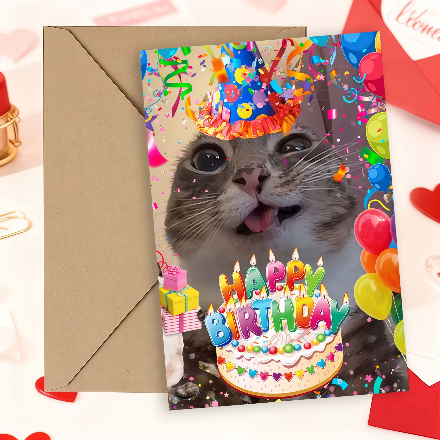 TEMU 1 lot Carte de vœux mème " Anniversaire" avec chat amusant, Carte d'anniversaire humoristique avec chat de fête pour toutes les occasions