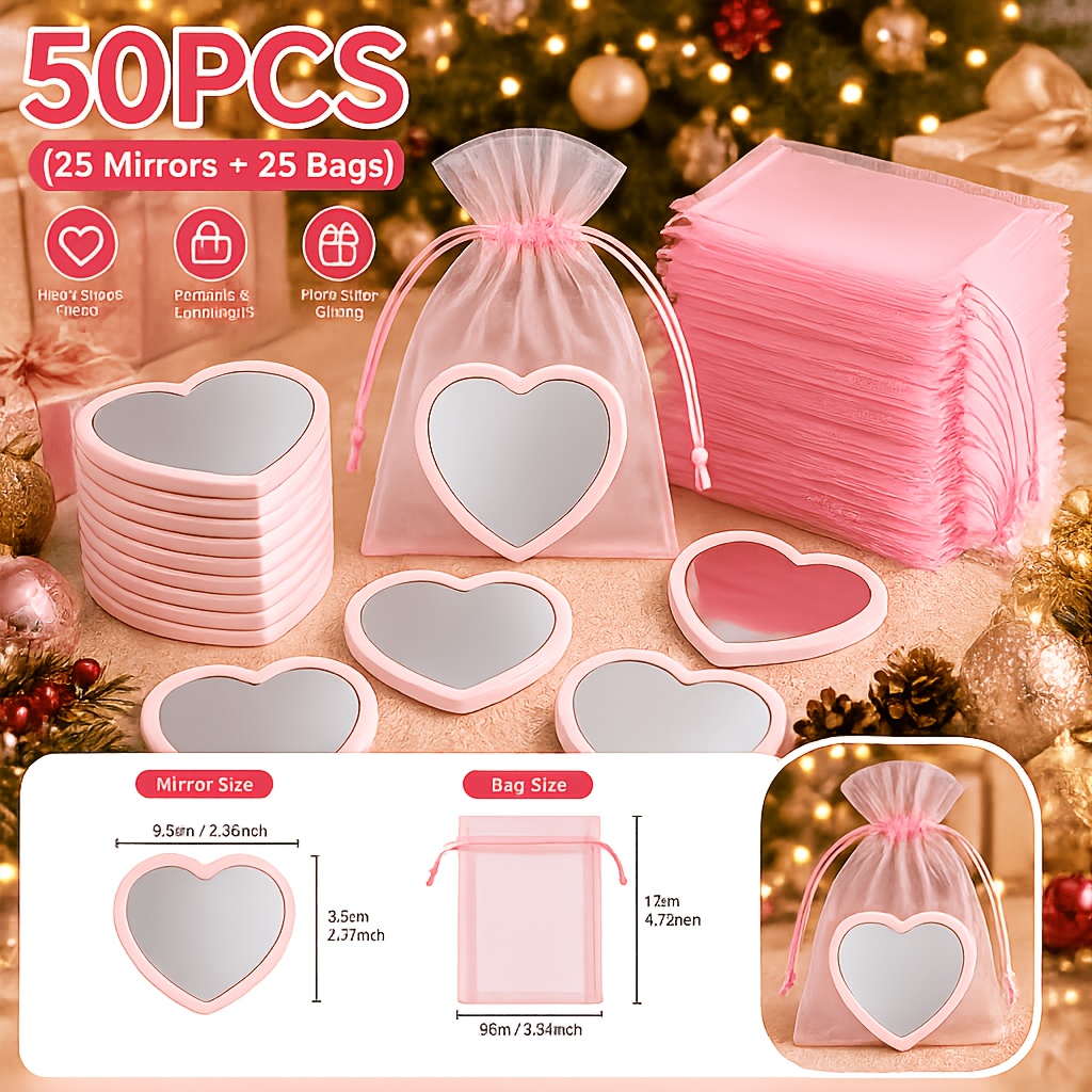 TEMU 50pcs Heart-shaped Portable Travel Mirror Gift Set, 25 Mirrors + 25 Storage Pouches, Wedding Bridesmaid Gift, Wedding Favor, Christmas Gift,