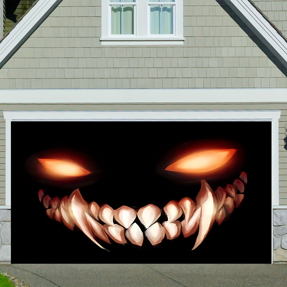 

1pcs Polyester Halloween Garage Door Cover Banner - Large Hanging Demon Smile Decoration, Electricity-free Outdoor Holiday Decor For Garage, Yard, Lawn, No Feathers