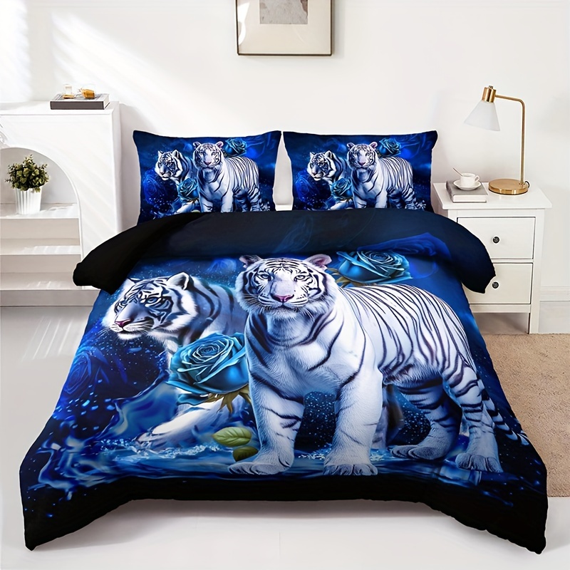

3pcs Blue Rose White Tiger Duvet Cover Set (1 Duvet Cover + 2 Pillowcase Without Pillow Insert), Soft Breathable Hd Printing Bedding Set For Home Dorm Decor