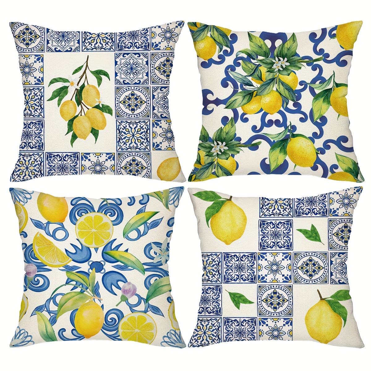 

4-pack Contemporary Lemon Patterned Linen Blend Throw Pillow Covers 18x18 Inch, Machine Washable With Zipper Closure For Sofa, Car, Bedroom Decor - Baroque Lemons And Ceramic Tiles Design