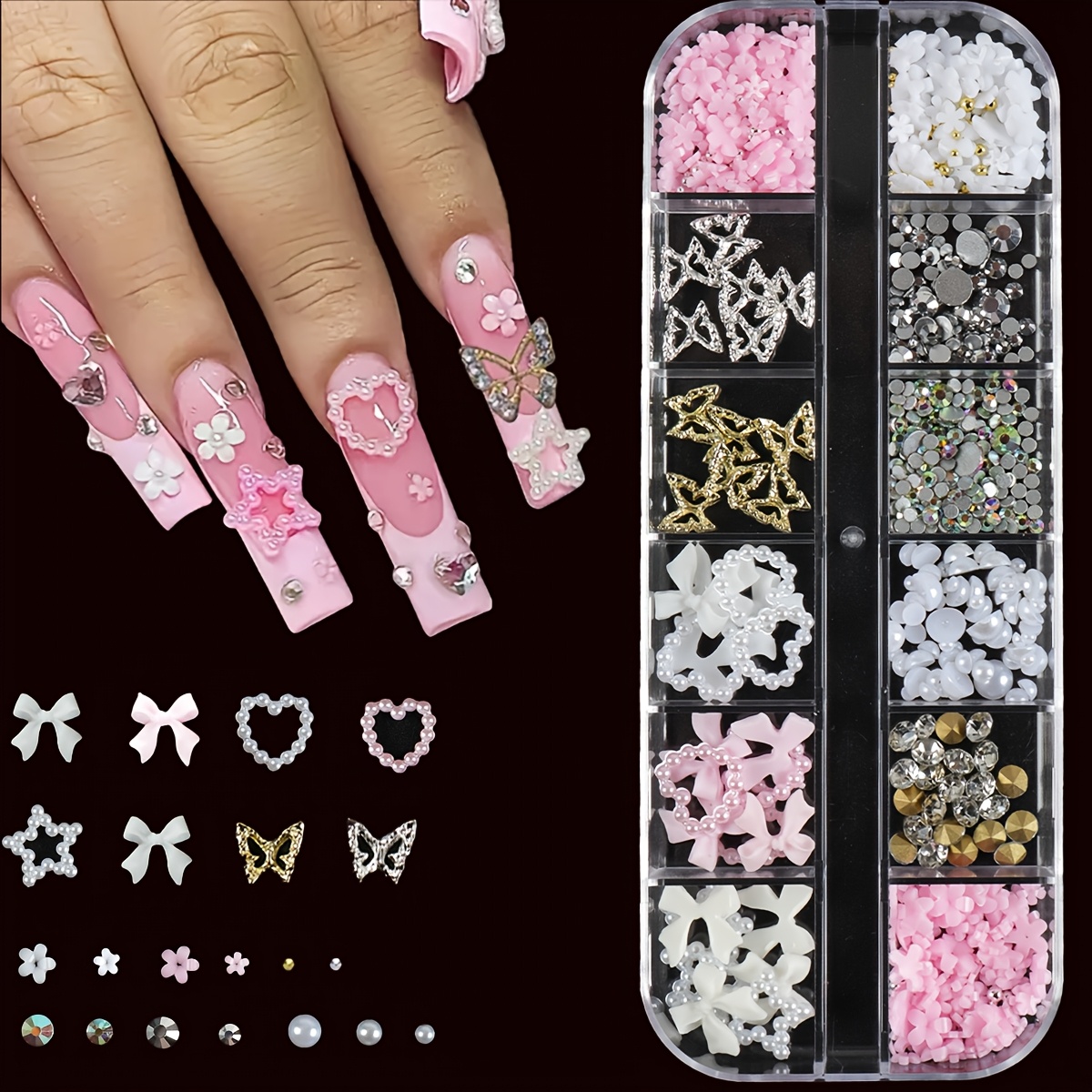 

Y2k Nail Art Decoration Kit - 3d Butterfly, Bow & Heart Charms With Rhinestones, Pearls & Diamonds - Scent-free Manicure Accessories For Women