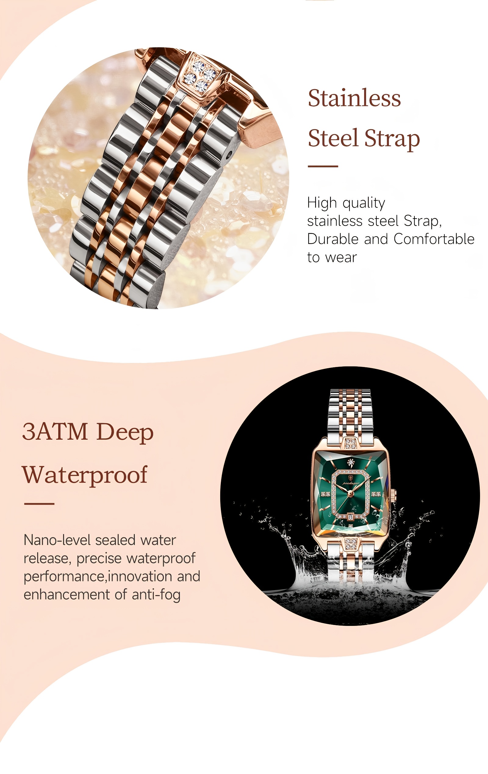 Elegant Waterproof Stainless Steel Square Quartz Ladies Watch with Calendar