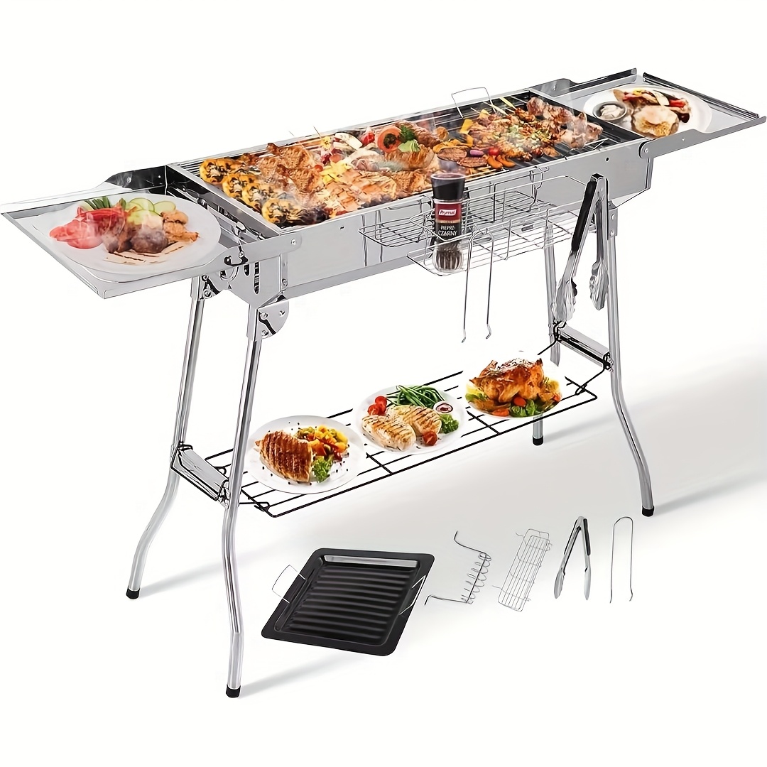 Image of Xxl Charcoal Grill (122 X 30 X 75cm), Portable Charcoal Grill, Folding Grill Stainless Steel, Bbq Charcoal Grill With Pan, Adjustable Ventilation , Camping Grill For Garden Backyard Picnic