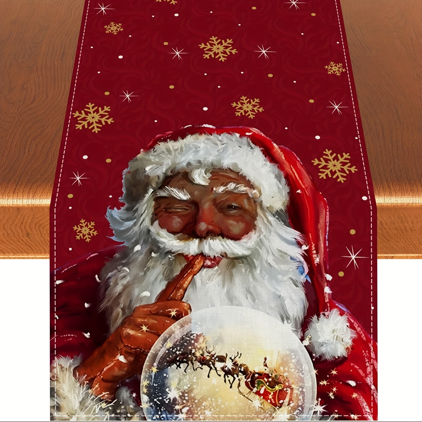 

Christmas Holiday Linen Table Runner - Woven Santa With Reindeer Sleigh Design, 100% Linen Square Table Cloth Cover For Festive Home Decor, Available In 13x48, 13x72, 13x108 Inches - 1 Piece