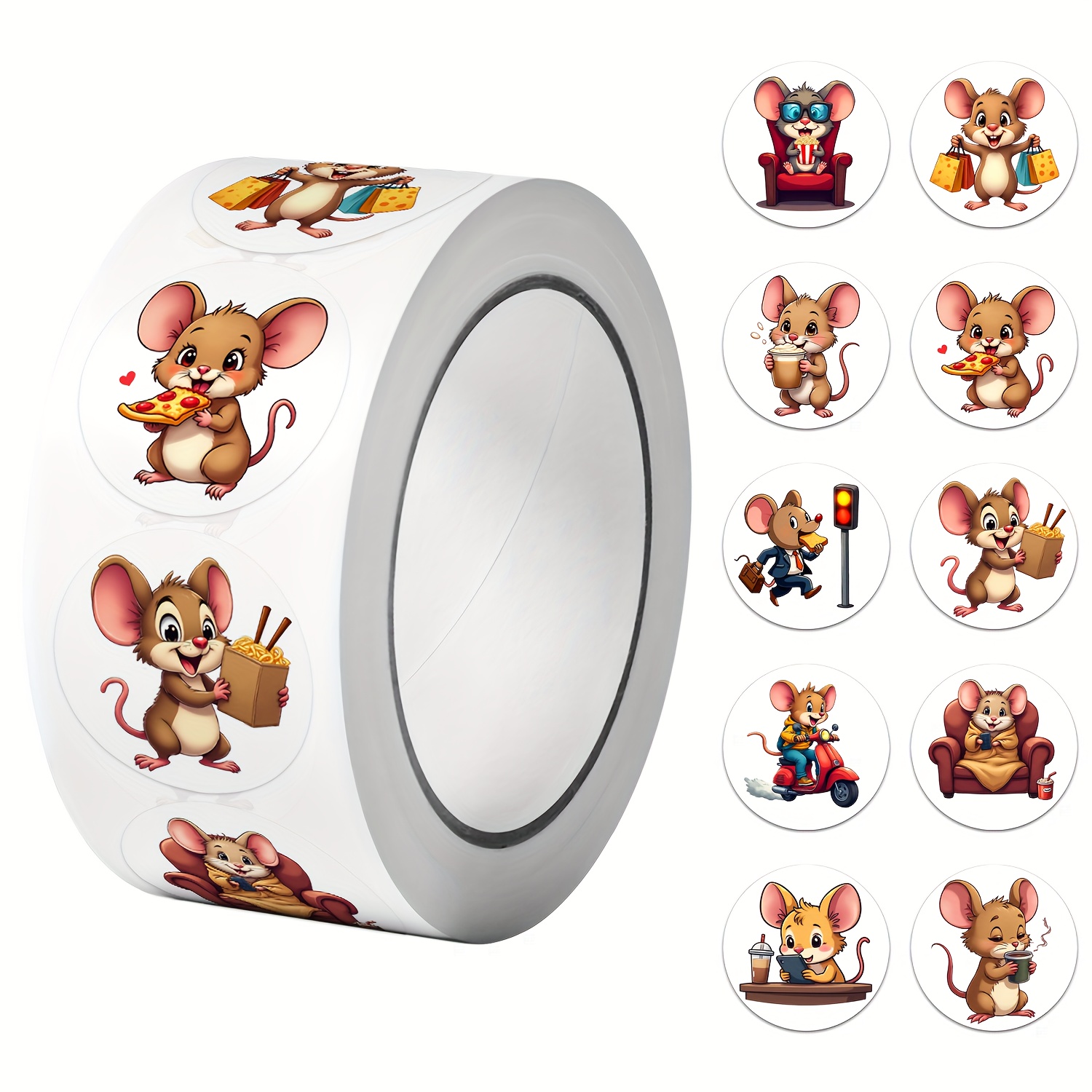 TEMU 1 Roll (500pcs) 1" Round Lovable Mouse Stickers Craft Graffiti Decor Labels, Versatile Perfect For Luggage, Diary, Water Cup, Phone Case Etc. More To Life