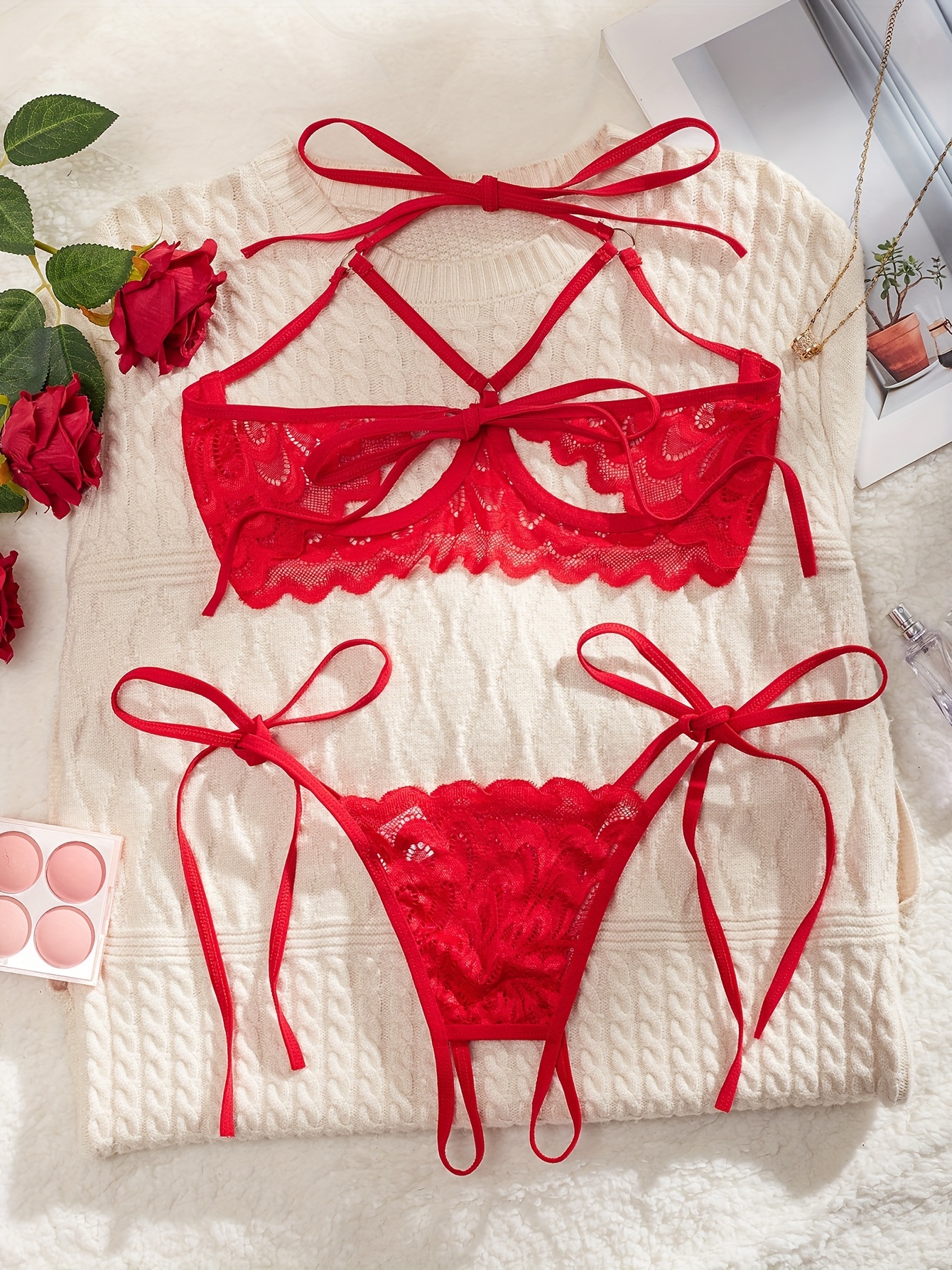 Floral Lace Lingerie Set Open Cup Triangle Bra Open Crotch - Temu