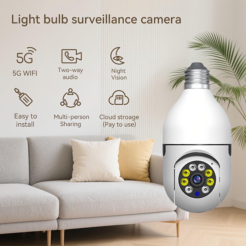 TEMU High-definition Night Vision Surveillance Camera With 5g Wi-fi Bulb, Featuring Alarm Notifications, 360-degree Ptz Monitoring, Motion Detection,