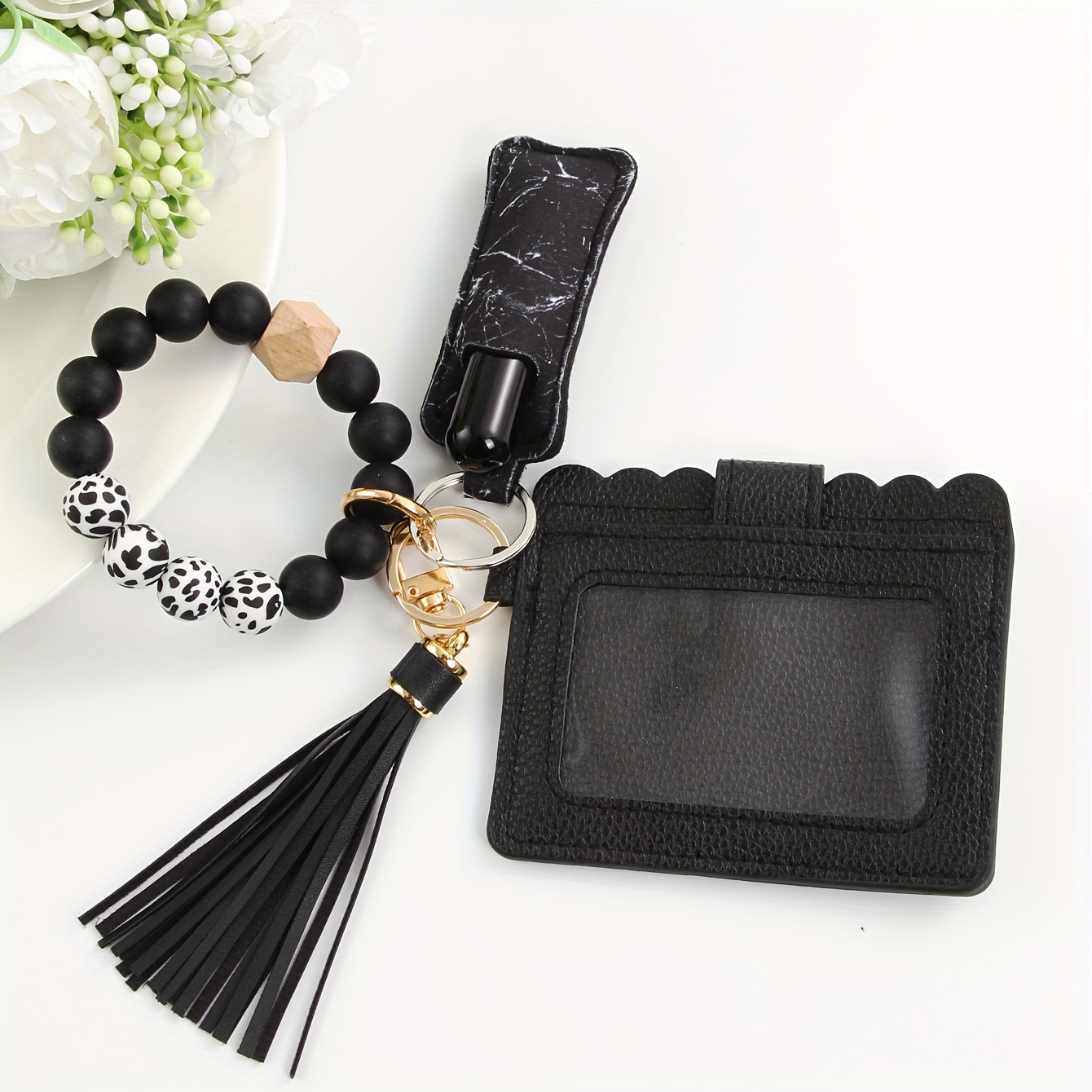 TEMU Set Of 5 Keychain Wallets Designed For Women. Includes A Beaded Keychain, Wristlet, Key Ring, And Chains, Featuring Tassel, A Lipstick Holder, And A Refillable Perfume Spray Bottle