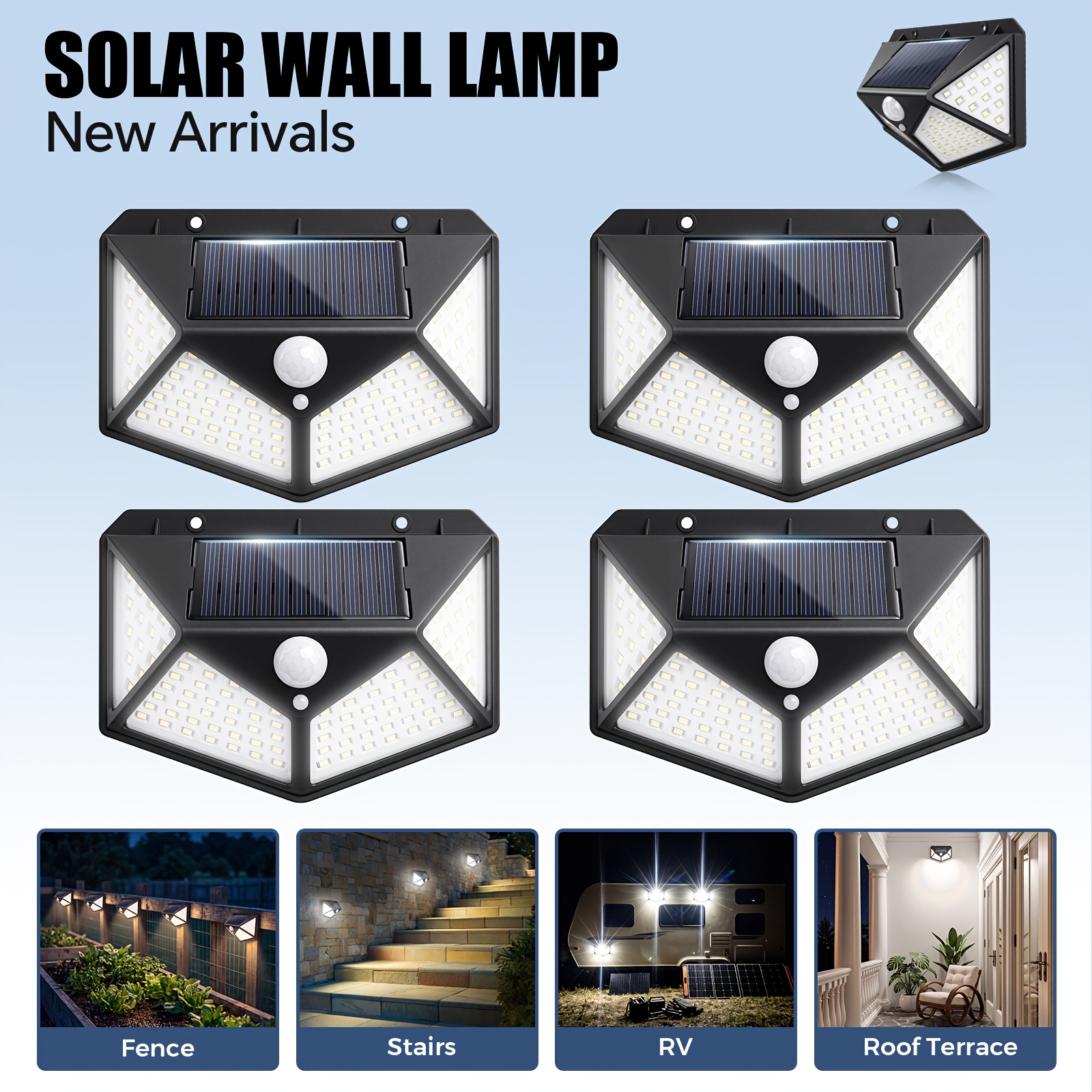 TEMU 4pcs×100led Solar Lights, Motion Sensor Outdoor, Ip44, 6500k Cool White Solar Wall Lamp, 3 270° Light Range Wall Lights, Pir Solar Powered
