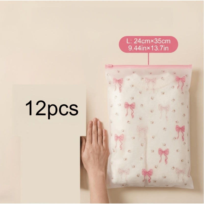 TEMU 12pcs Transparent Flower Bow Zipper Storage Bags, [7.87 Inches/11.02 Inches] For Clothing, Socks, Toiletries, Towels, Unisex, Space-saving And
