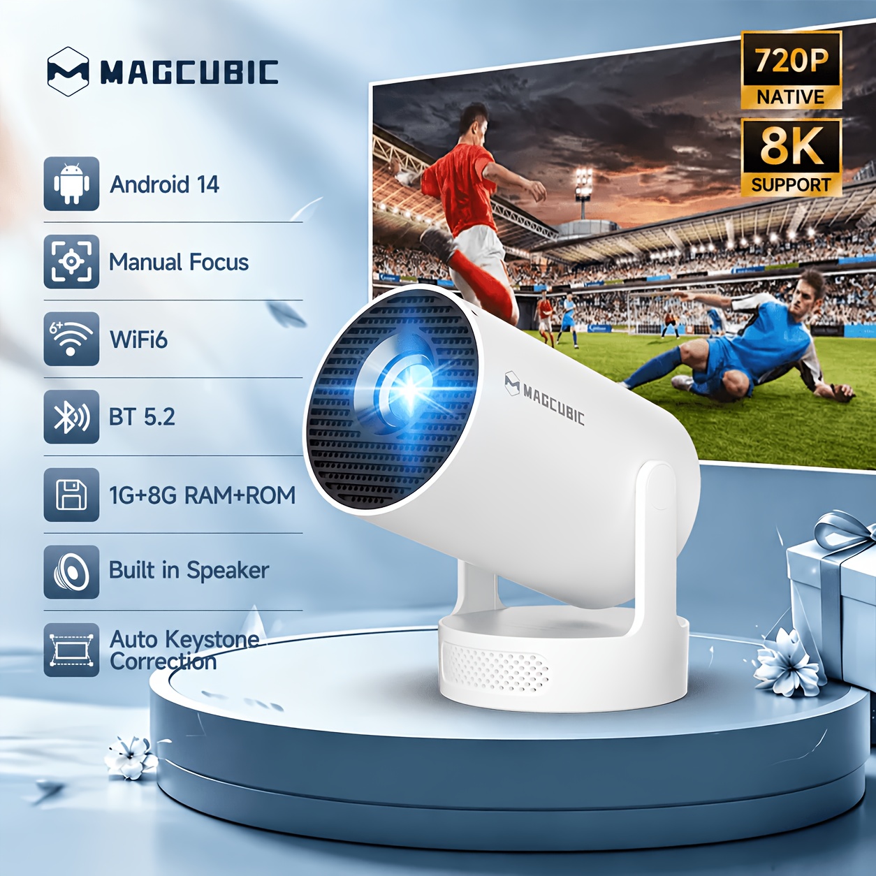 Magcubic 14 Projector Hy300pro+ 180° Flexible Rotating 300ansi Projector Local 720p Support 8k Bt5.2 H726 Processor With Auto Keystone Correction Portable Video Projector