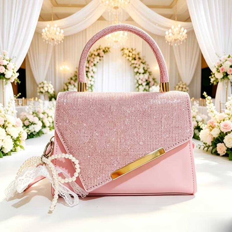TEMU Bolso bandolera de mujer, adiciones de encaje de perlas de , bolso de cuadrado para nocturna, bolso de único de diamantes brillantes artísticos