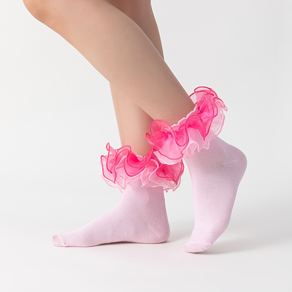 TEMU 1 Par de Calcetines de Mujer la Pantorrilla con Volantes de Encaje en el Tobillo