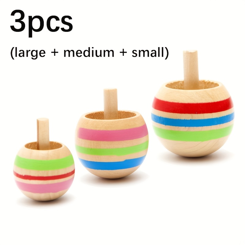 Image of 3pcs Colorful Wooden Top Spinners - Large, Medium, For Kids, Educational And Fun Desktop Toy, Ideal Gift For , Educational Toy| Design|wooden Construction