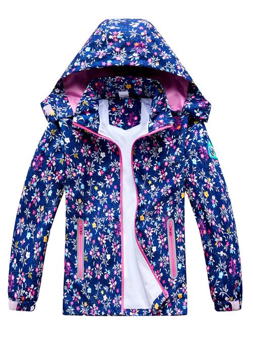 kids girls floral jacket coat removable hood lightweight hooded mesh lining windbreaker with compass and reflective label elastic cuffs