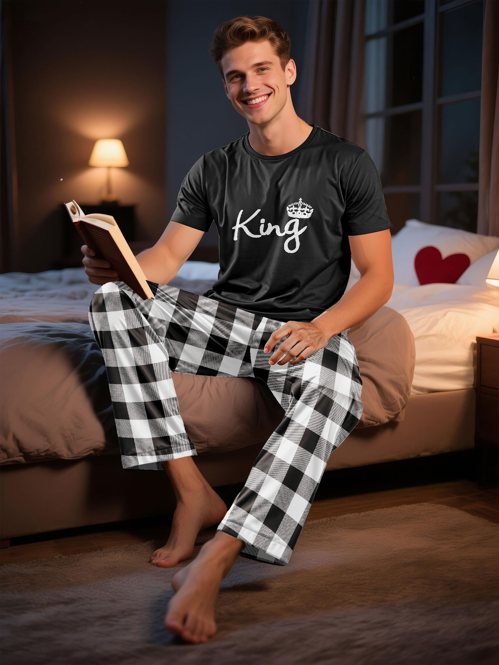 couples homewear set for men and women featuring stylish and comfortable designs this set   a short sleeve letter t shirt and plaid long pants   relaxing at home and suitable for cool weather male 5