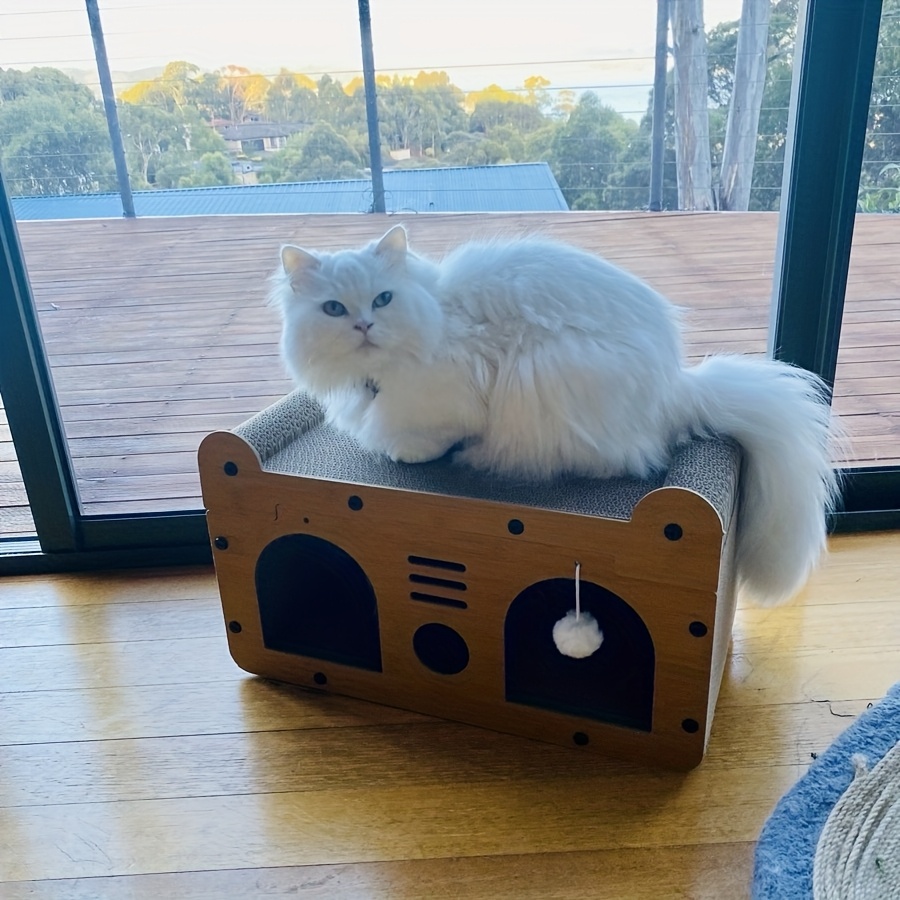 

-style Cat Scratcher With - Cardboard Scratching Pad For Cats, Cozy Cat Bed, White Fluffy Cat Lounging On Board