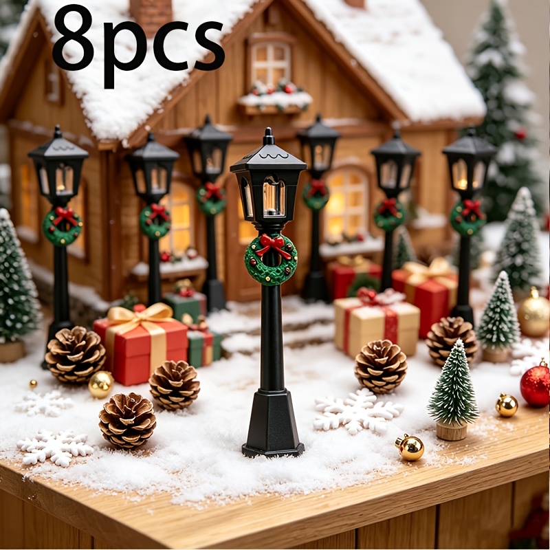 TEMU 8pcs Set, Simulation Street Lamp With Holly Wreath, Handmade Winter Courtyard Miniature Scenery Material, Christmas Gift For Exquisite Mini