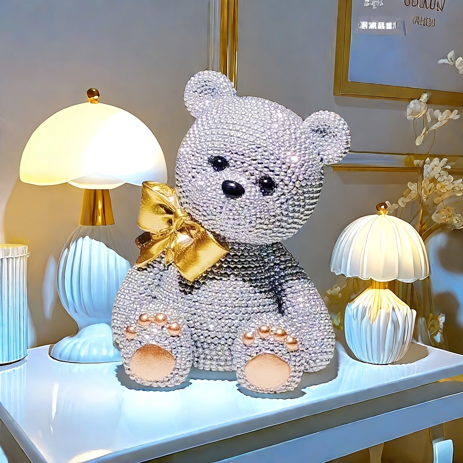 

1pc Sparkling Teddy Bear With - Resin , Ideal For Valentine's & Christmas Gifts, Bedroom, Living Room, Or Office Desk Display