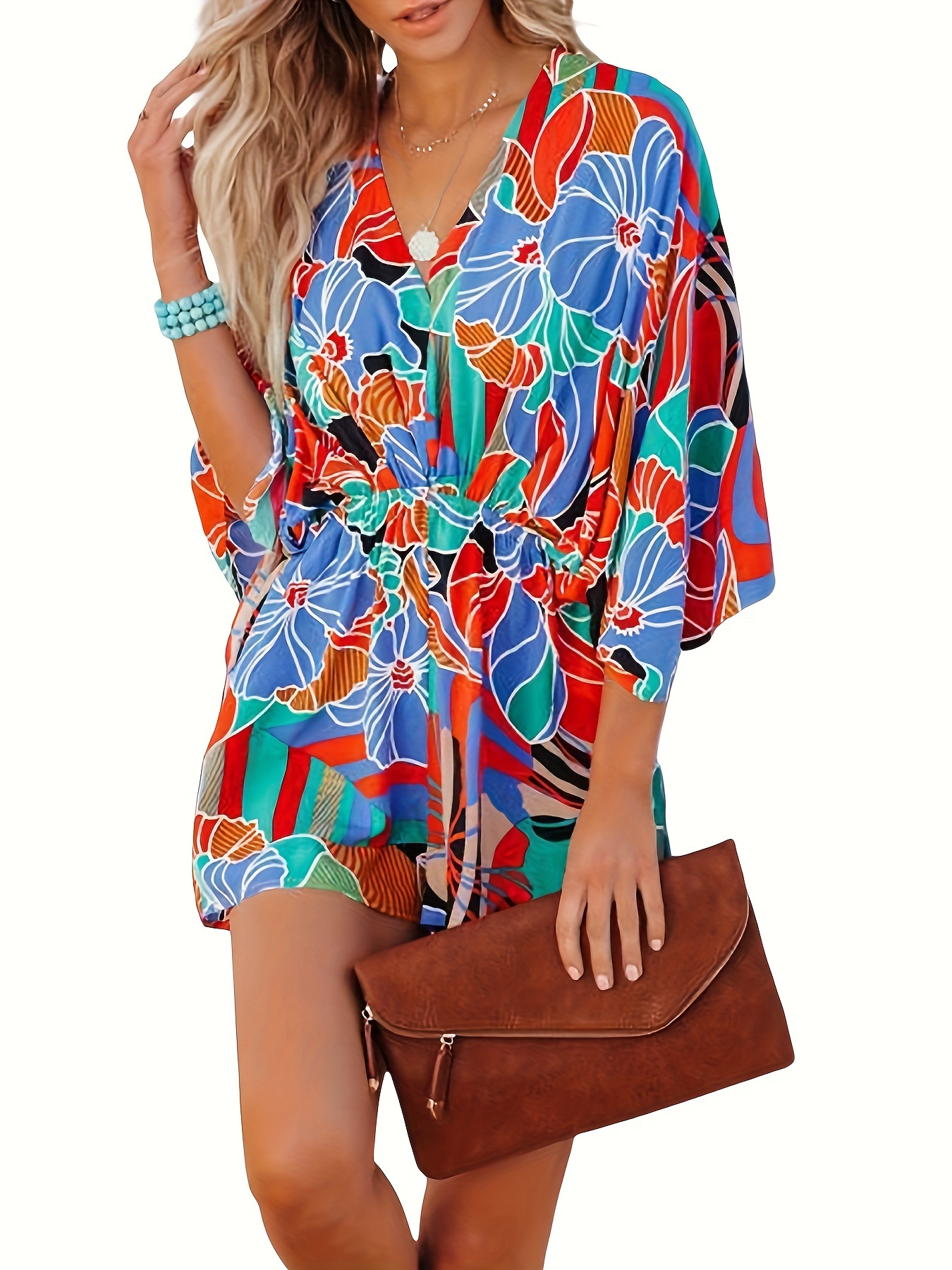 Women s Summer Romper Fashion Print Long Sleeve V Neck Elastic Waist Short Jumpsuit details 3