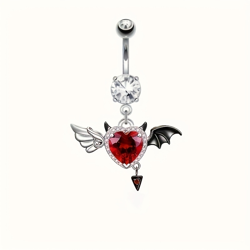 Image of 1pc Bat-themed Belly Button Piercing - Stainless Steel Devil Heart Ring With Red Synthetic Cubic Zirconiaia Stone, Body For Navel Pierces, , Daily Wear (no Ic, Durable)