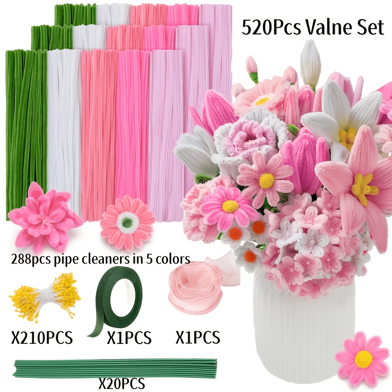 a handmade set that   520 different colored fabrics and plastic accessories accompanied by tutorial videos for making tube cleaner flowers this set of products     blue and golden chenille stems making it the perfect