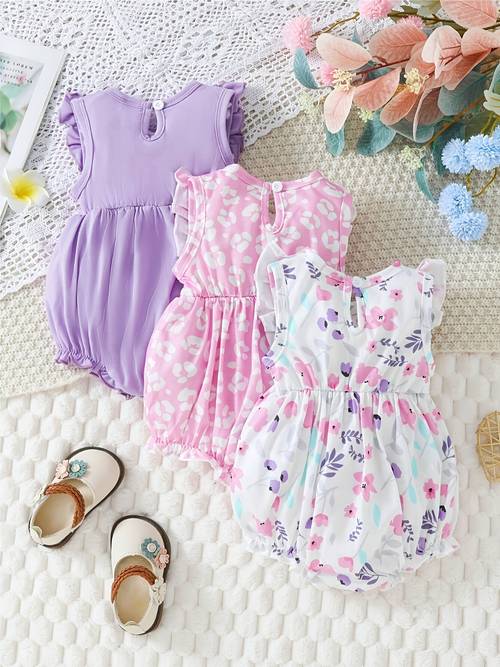 3pcs baby girls cute floral leopard print rompers with collar comfortable casual wear white baby girl clothes outdoor