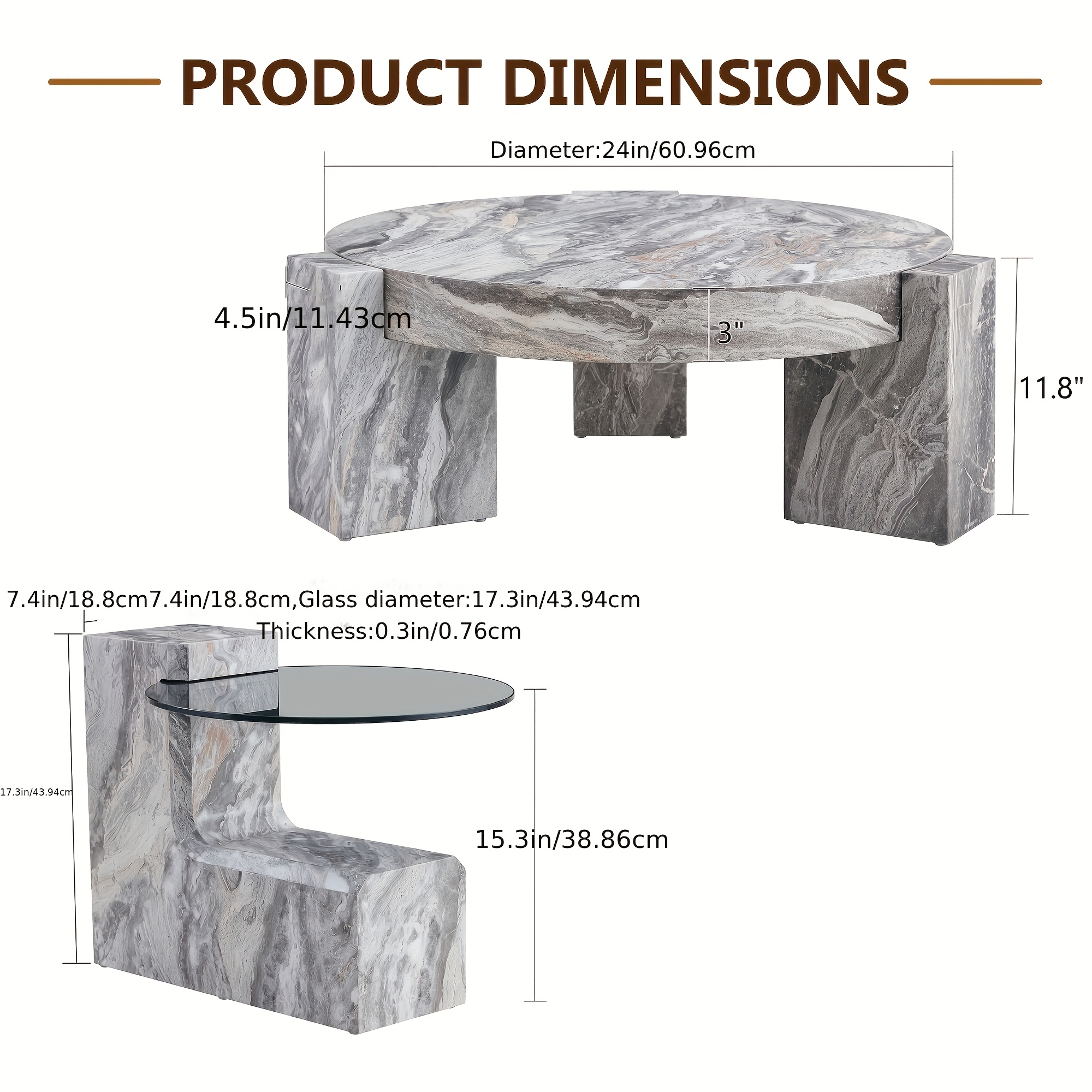 MUUOKY Modern Round Nesting Coffee Table with Faux Marble Top & Glass Side Table - 24” Center Table Suitable for Living Room, 2-Tier Space-Saving, Easy Assembly, Luxury Apartment Furniture, Engineered Wood Base for Small Homes