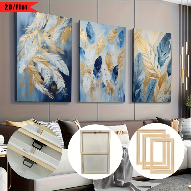 TEMU 2D , 2D/, 3 Piezas, Enmarcado, Póster de de Pared, Pintura de Pluma Azul y Dorada, de para Pared, Regalos para Pared, Dormitorio, Oficina, ,