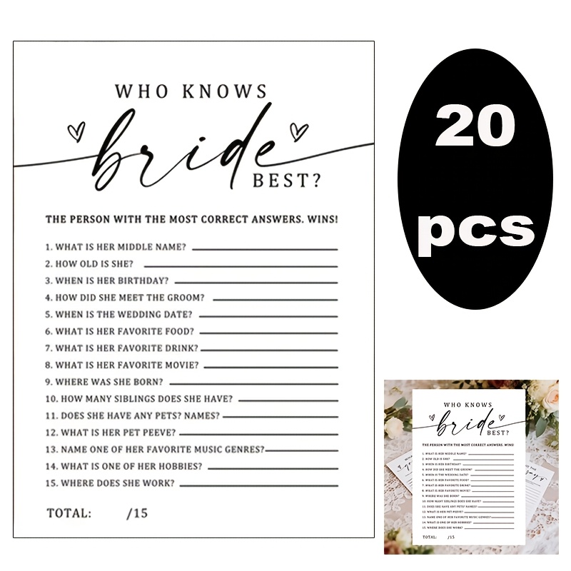 TEMU 20pcs " The Bride Best" Wedding Activity Cards – Fun Bachelorette Party Cards With Checklist Design, White Paper Cards, Suitable For Bridal