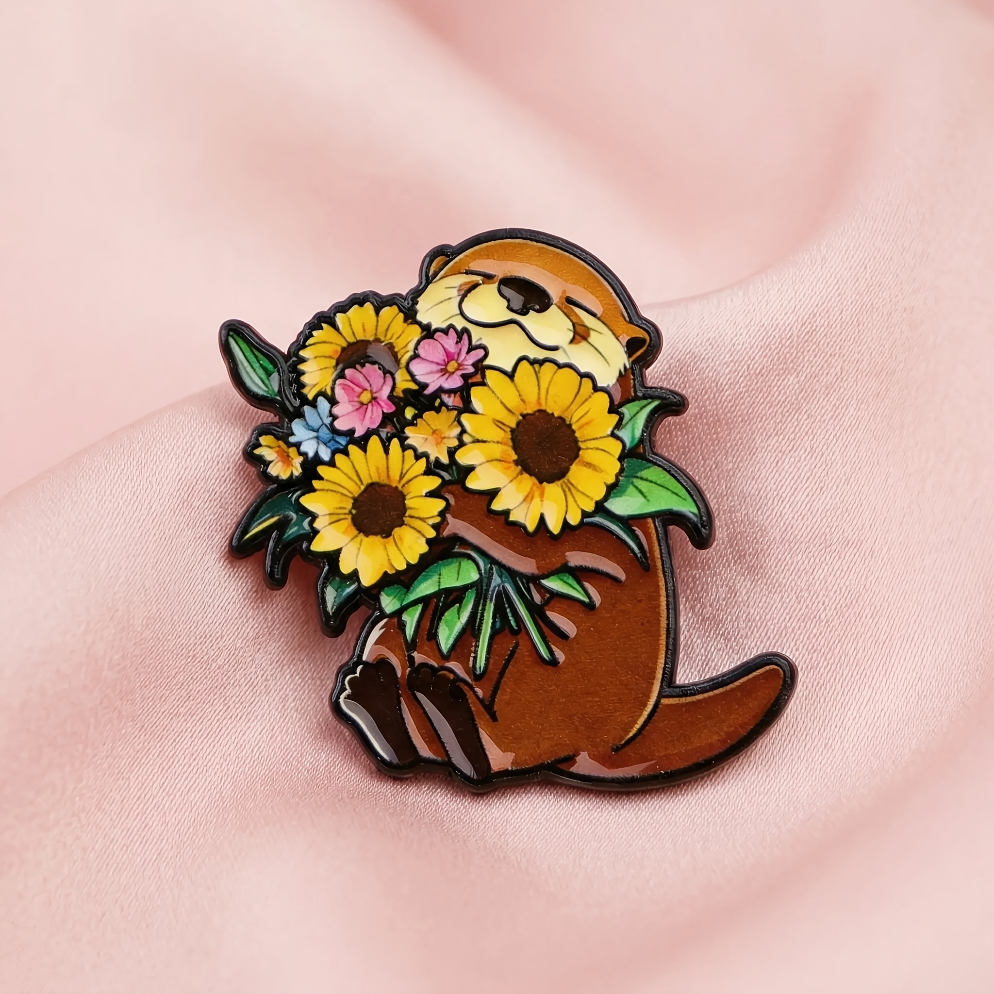 Image of Sunflower Otter With Flowers Enamel Brooch, Animal-shaped Pin Accessory, Beaver-themed Enamel Badge, Cartoon Brooch, Suitable For Clothing, Bags, And , A Perfect Gift For