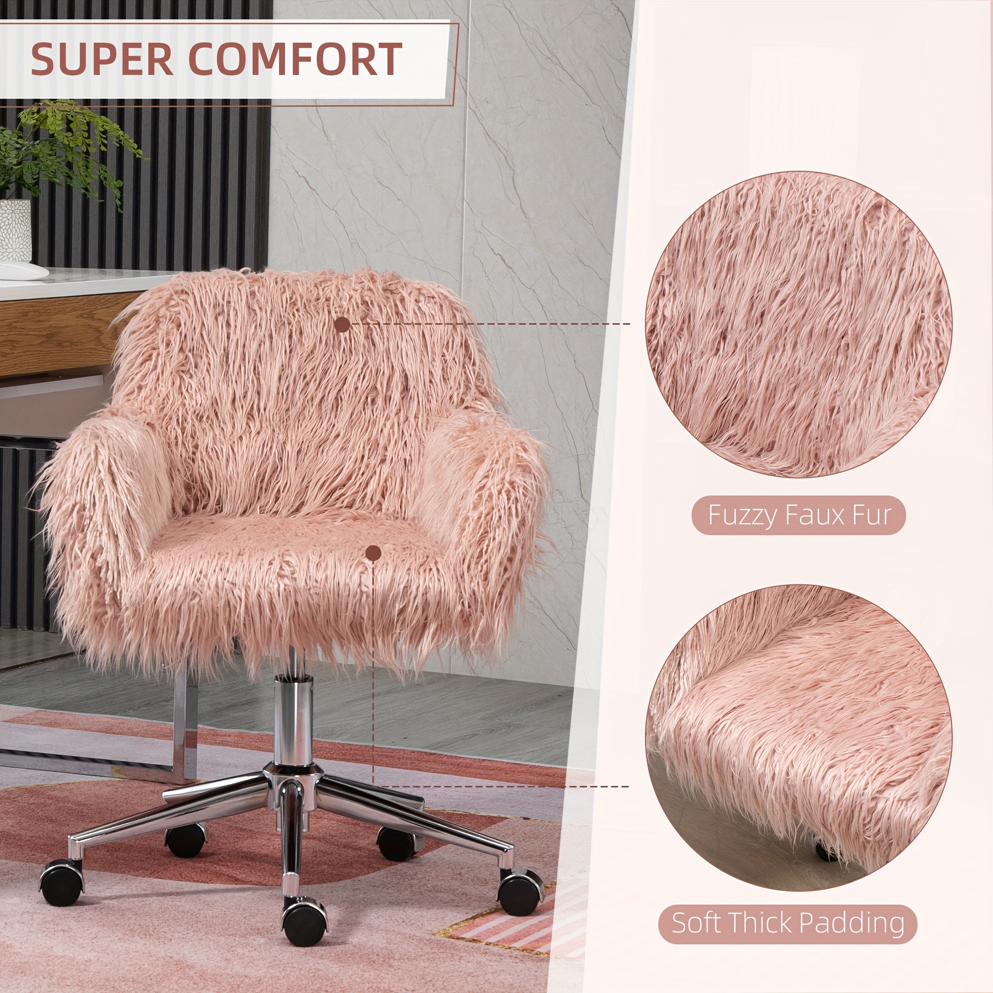 plush pink fur swivel desk chair adjustable height Temu